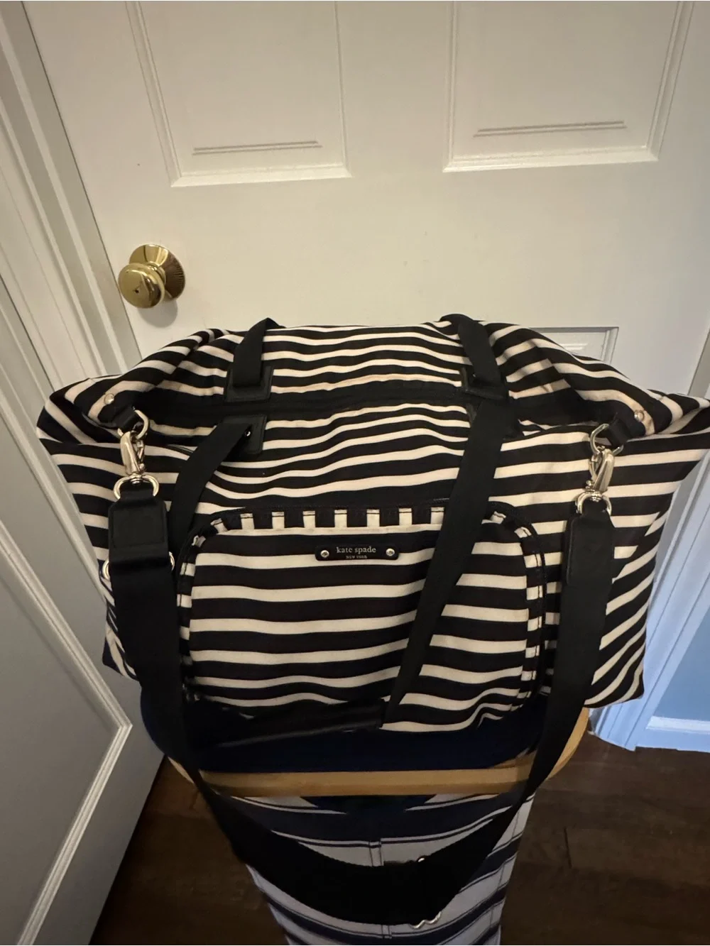 kate spade Watson Lane Lyla Black & White Stripes Nylon Packable Weekender Bag